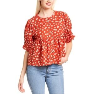 Madewell Puff Sleeve Floral Button- Front Top In Swiss Dot Happy Hibiscus size m